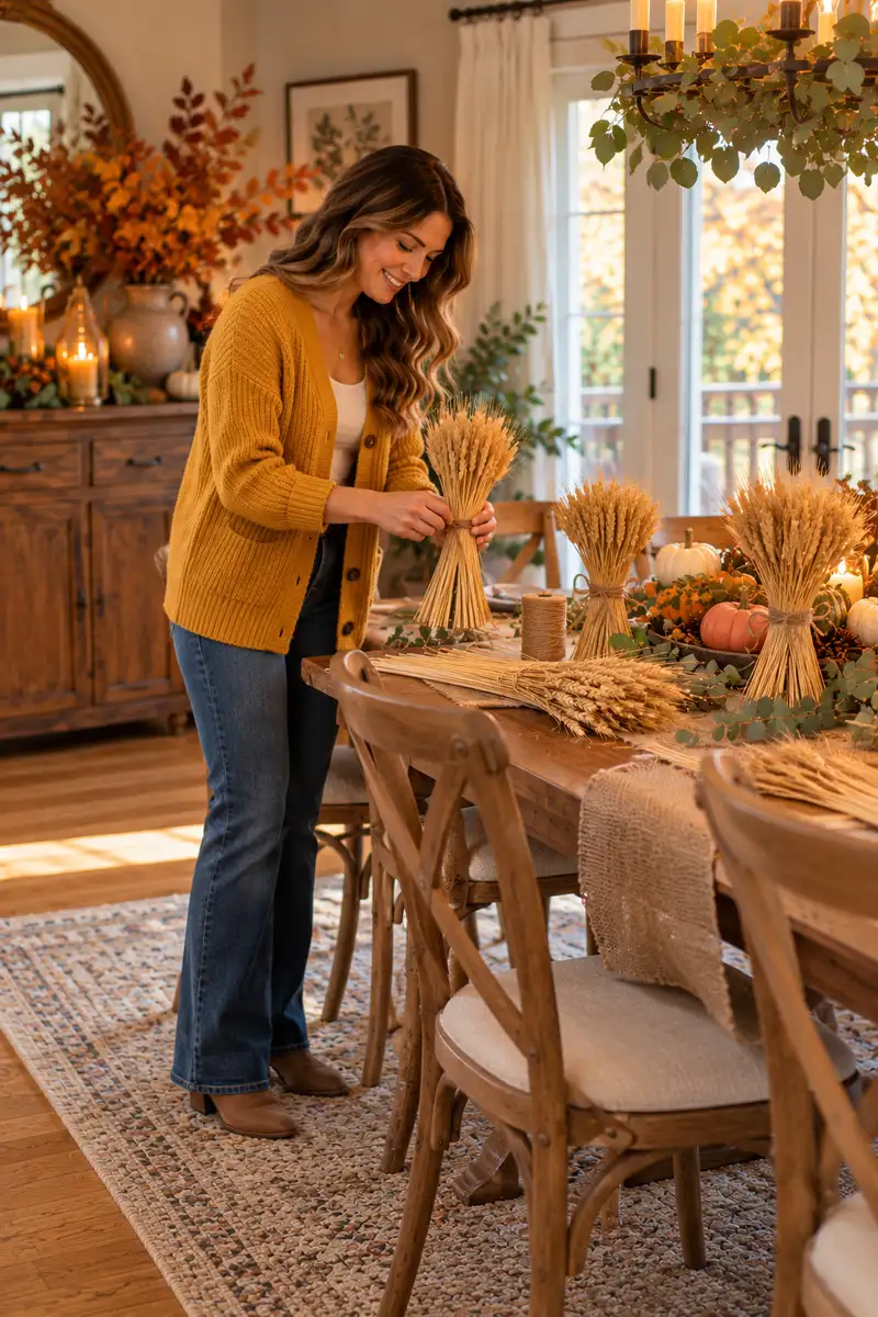 A woman in a mustard-yellow cardigan tying wheat sheaf bundles with twine for Thanksgiving table decor A woman in a mustard-yellow cardigan tying wheat sheaf bundles with twine for Thanksgiving table decor