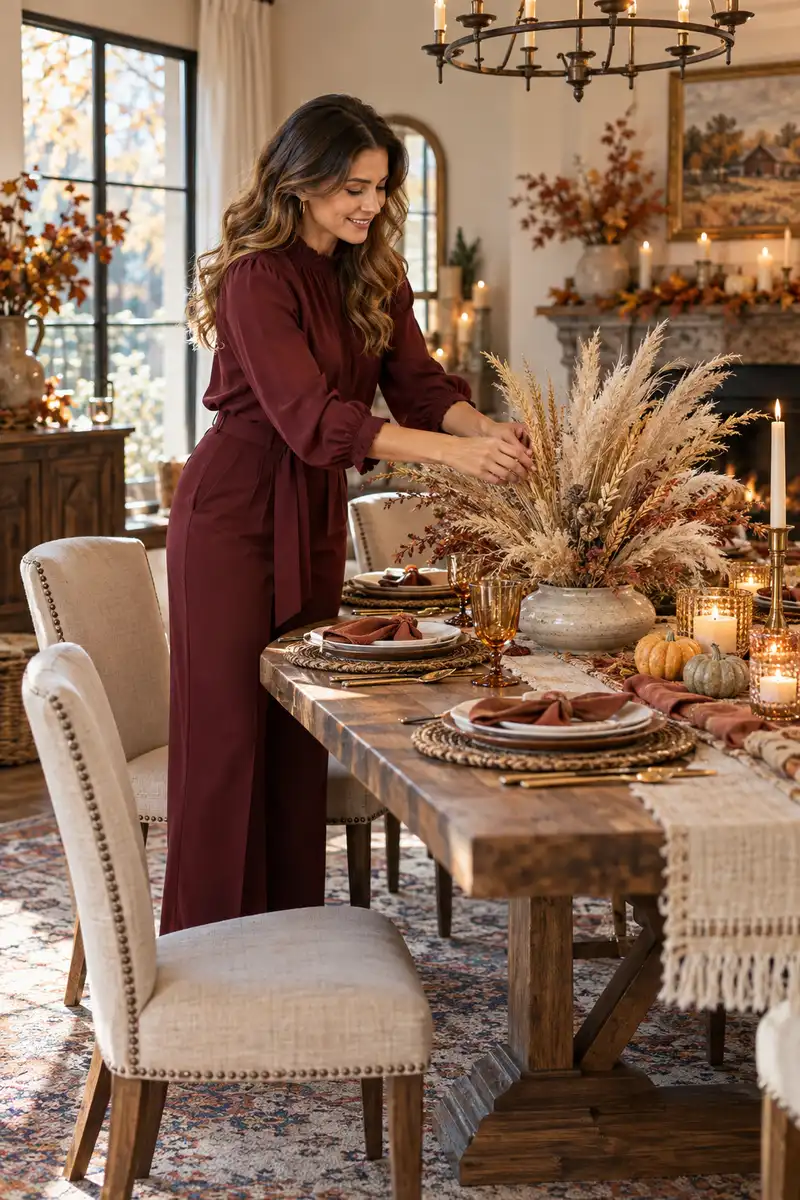 A woman in a burgundy blouse arranging dried pampas grass and wheat in a low vase as a Thanksgiving centerpiece A woman in a burgundy blouse arranging dried pampas grass and wheat in a low vase as a Thanksgiving centerpiece