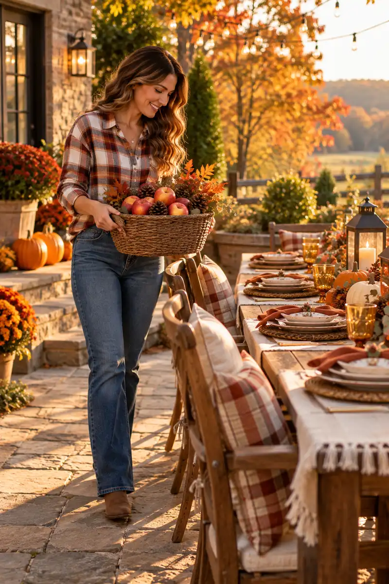 A woman in a plaid shirt and jeans carrying a basket of apples and pinecones toward an outdoor Thanksgiving table A woman in a plaid shirt and jeans carrying a basket of apples and pinecones toward an outdoor Thanksgiving table