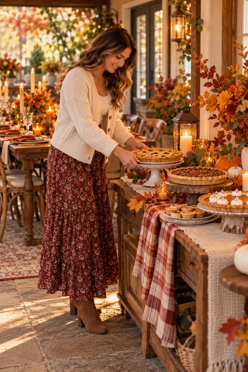 A woman in a long floral skirt and cardigan arranging pies on a dessert table beside the main Thanksgiving table A woman in a long floral skirt and cardigan arranging pies on a dessert table beside the main Thanksgiving table
