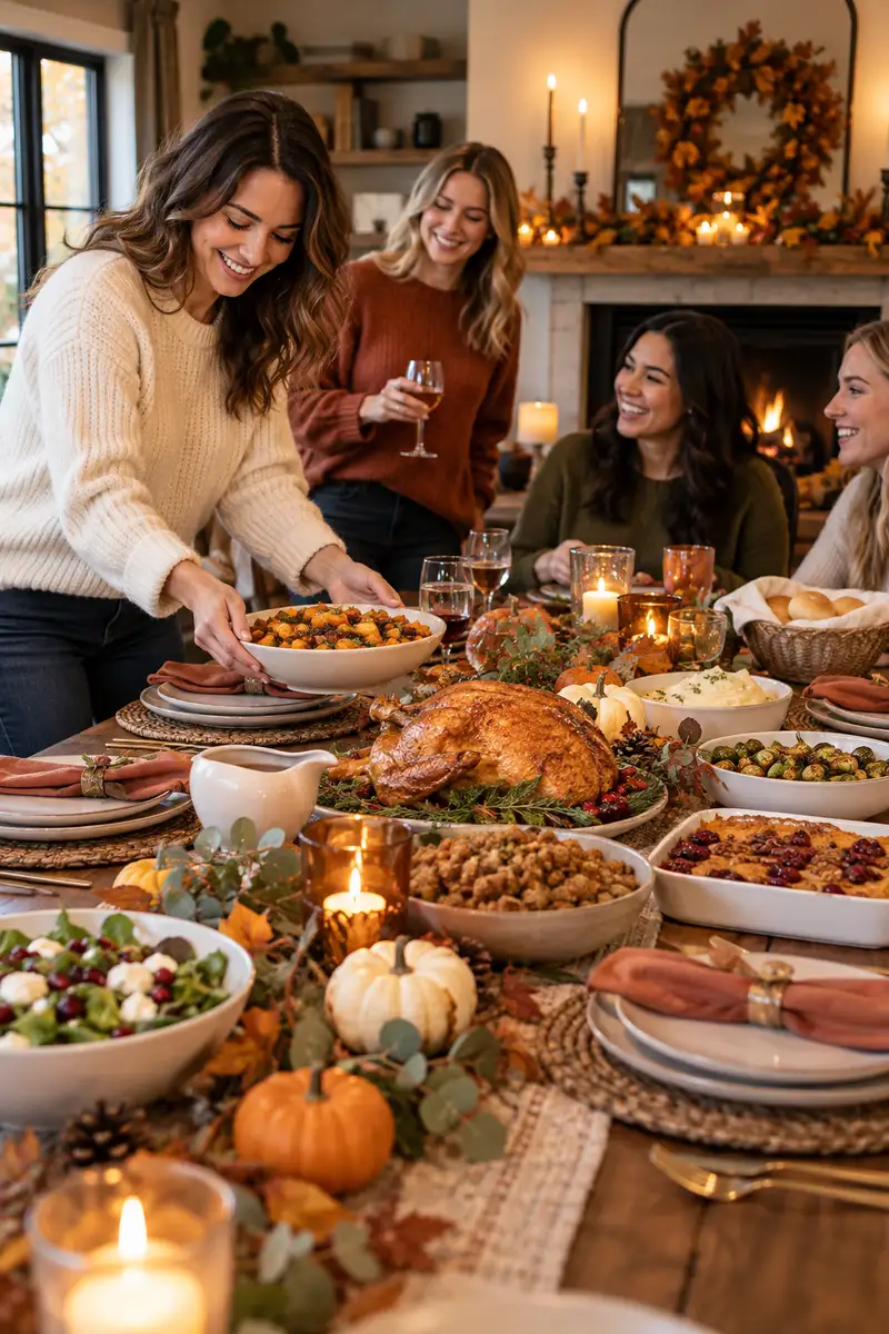 A smiling woman in a cream sweater setting out dishes for a Friendsgiving potluck with friends around a table A smiling woman in a cream sweater setting out dishes for a Friendsgiving potluck with friends around a table