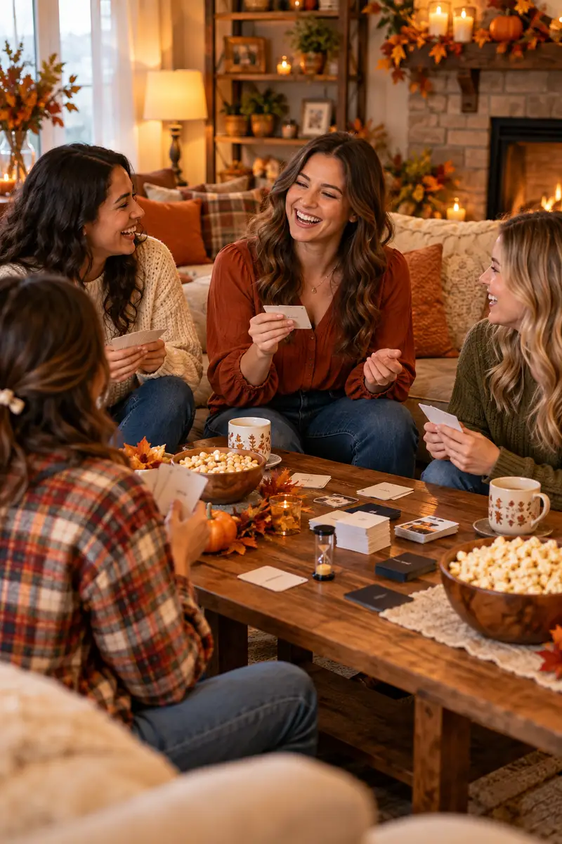 A woman in a rust-colored blouse laughing with friends during a Friendsgiving game tournament in a cozy living room A woman in a rust-colored blouse laughing with friends during a Friendsgiving game tournament in a cozy living room