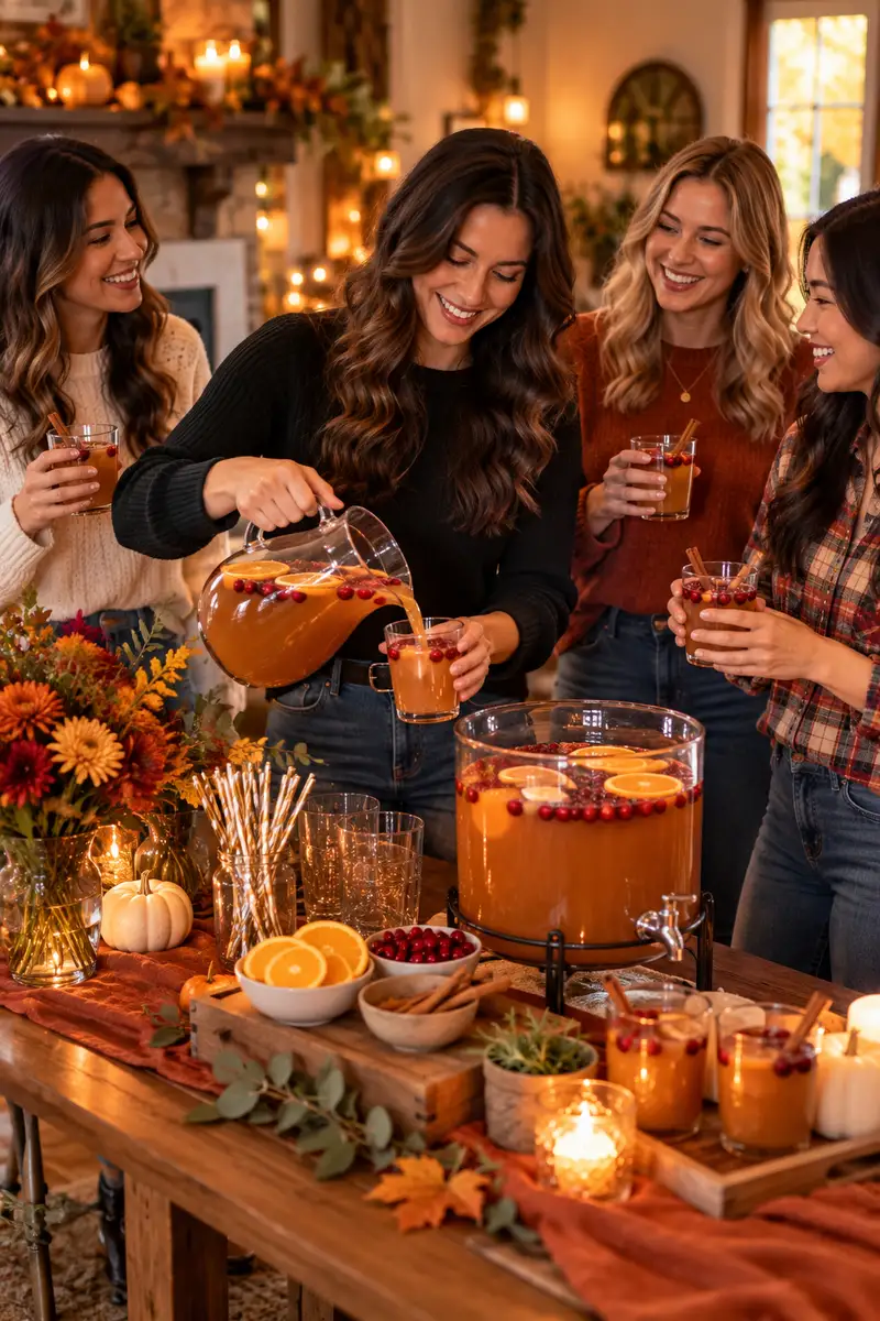 A woman in a black sweater pouring apple cider punch at a DIY Friendsgiving drink bar A woman in a black sweater pouring apple cider punch at a DIY Friendsgiving drink bar