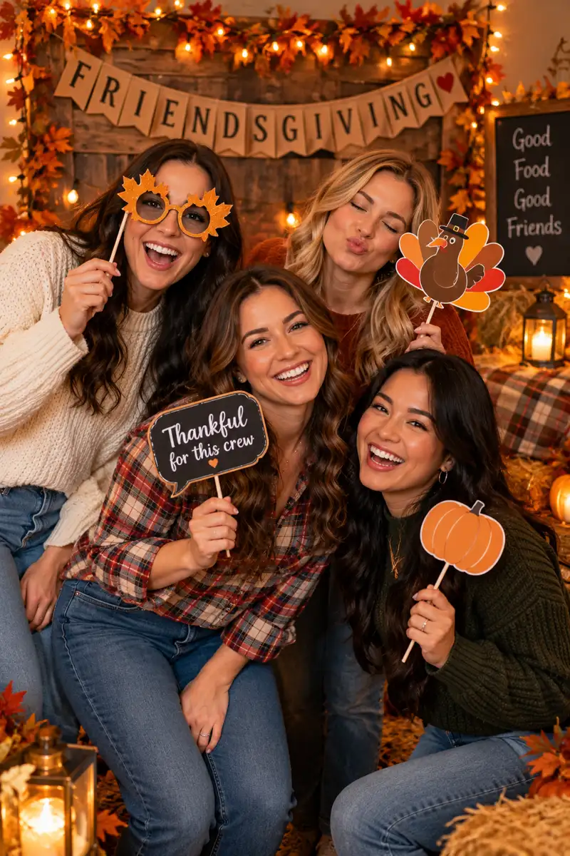 A happy woman in a plaid shirt posing with friends in a DIY Friendsgiving photo booth A happy woman in a plaid shirt posing with friends in a DIY Friendsgiving photo booth