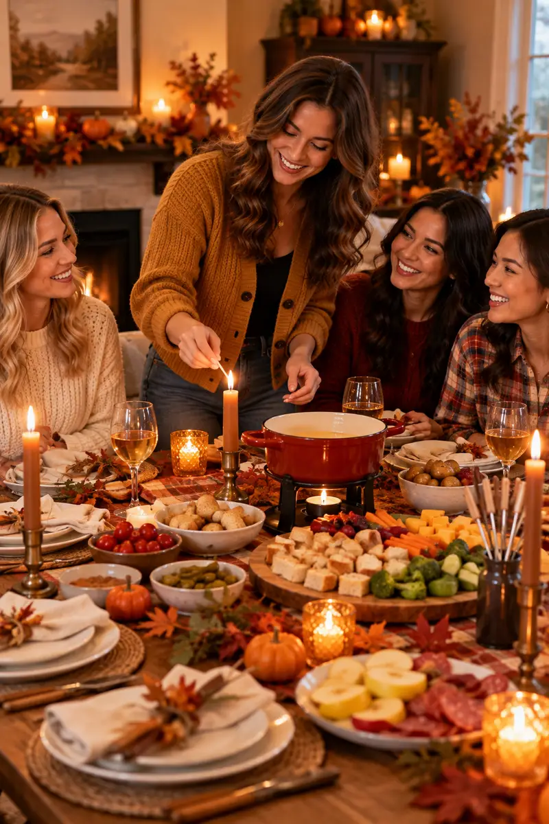 A woman in a mustard cardigan lighting candles for a fondue Friendsgiving dinner A woman in a mustard cardigan lighting candles for a fondue Friendsgiving dinner