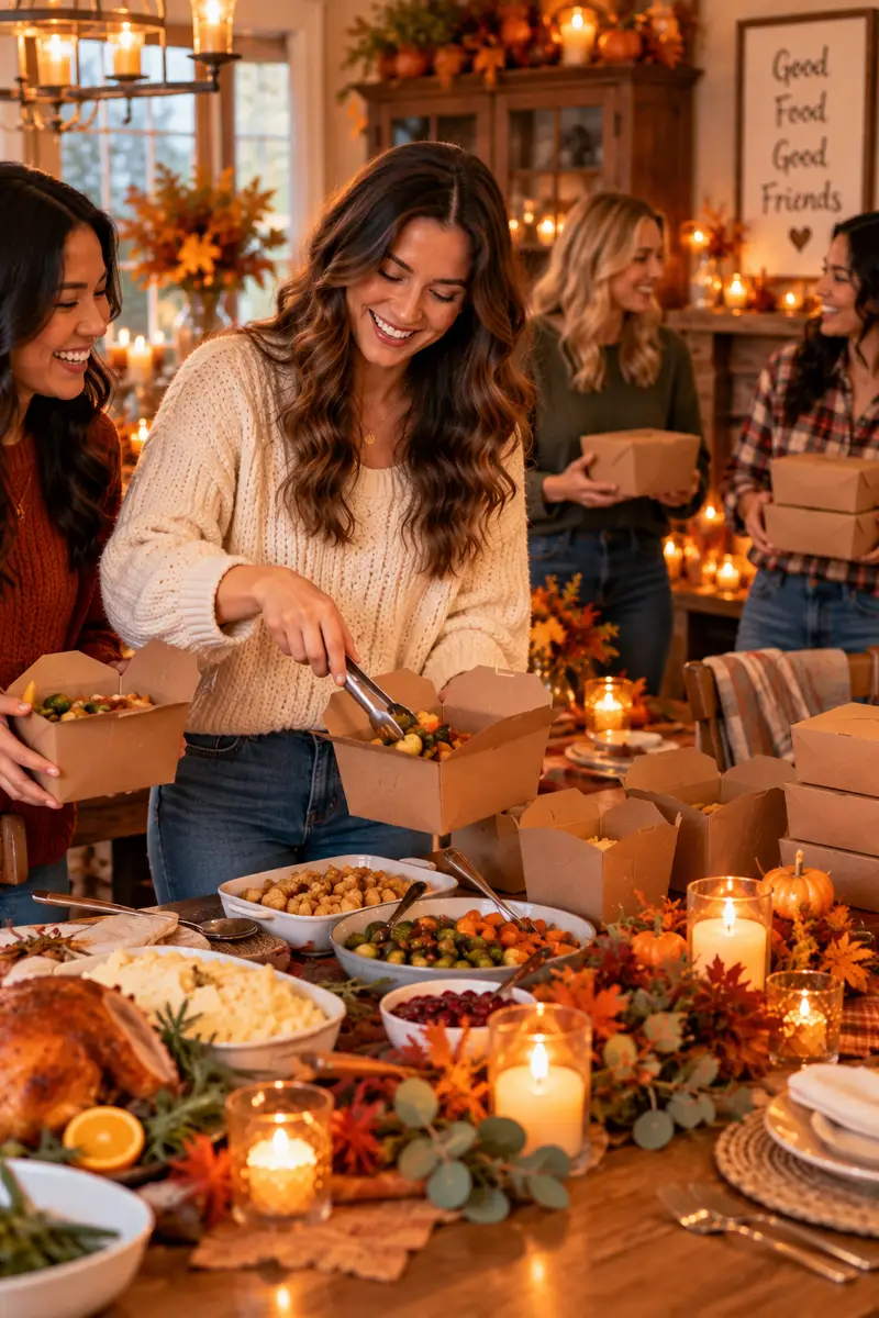 A cheerful woman in a cozy knit sweater packing leftover boxes for friends after Friendsgiving A cheerful woman in a cozy knit sweater packing leftover boxes for friends after Friendsgiving