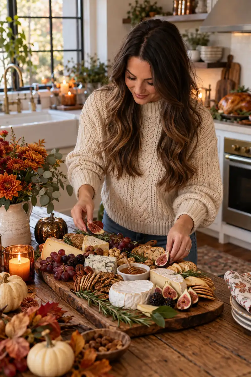 A woman in a cozy sweater arranging a Thanksgiving cheese board with figs and crackers in a warm kitchen A woman in a cozy sweater arranging a Thanksgiving cheese board with figs and crackers in a warm kitchen