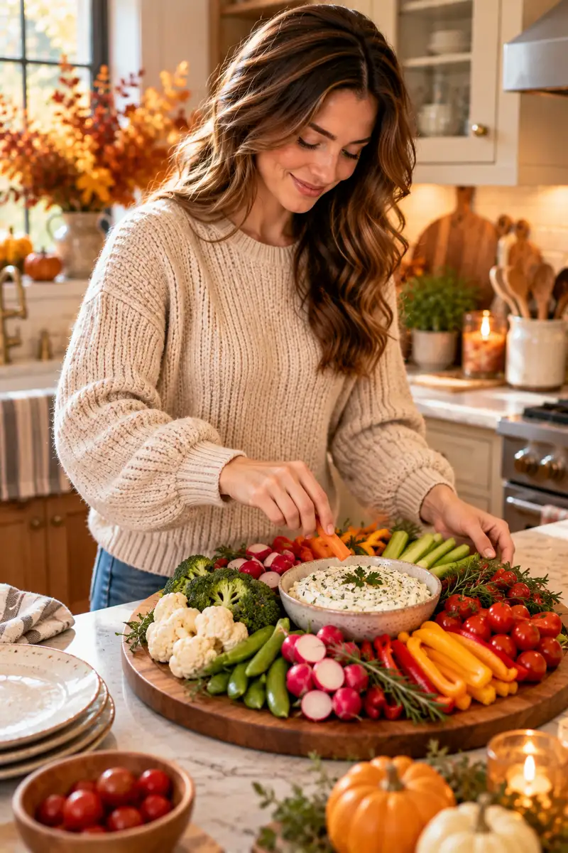 A woman in a sweater arranging a colorful veggie crudité platter with herb dip on a wooden board A woman in a sweater arranging a colorful veggie crudité platter with herb dip on a wooden board