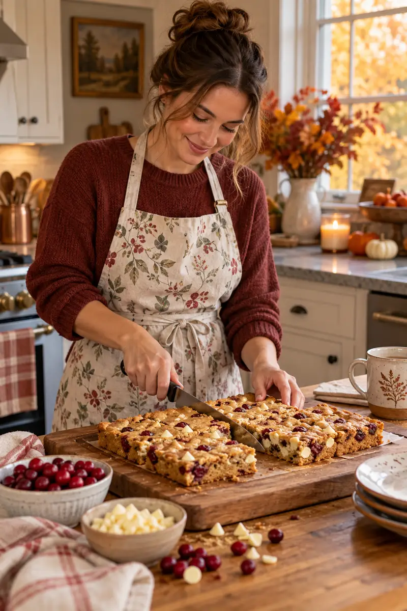 A happy woman in an apron cutting cranberry white chocolate blondies on a cutting board