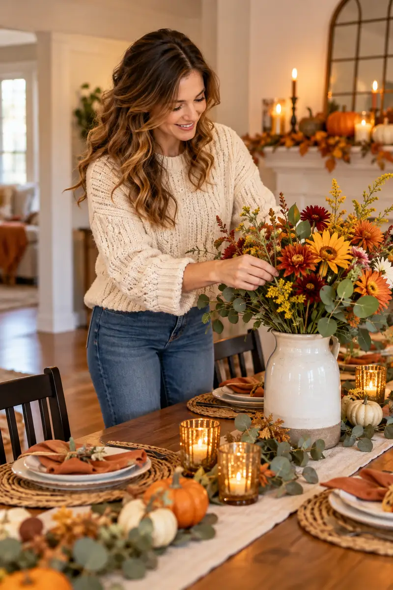 A woman in a cozy sweater arranging grocery-store flowers before Thanksgiving guests arrive