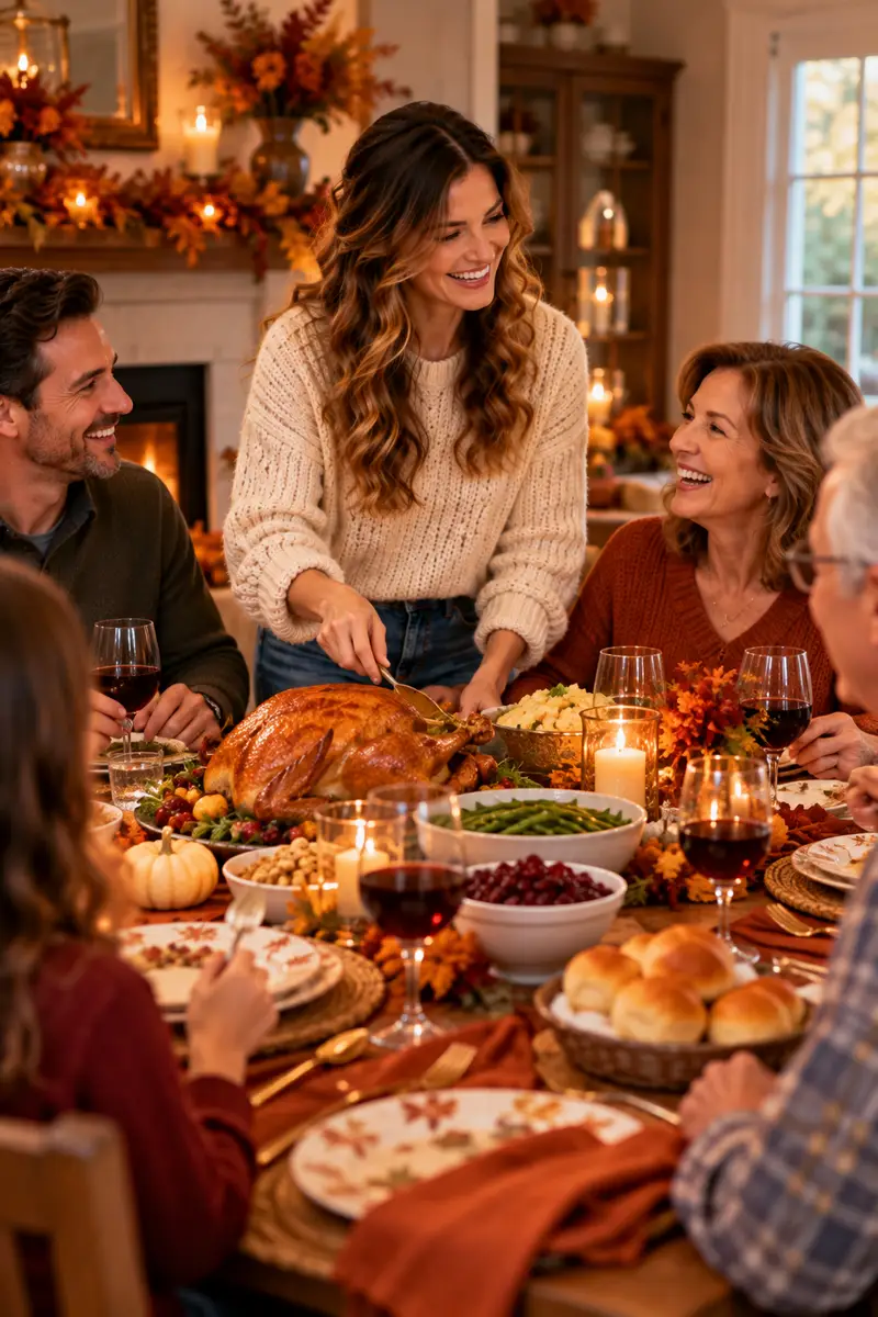 A happy woman in a sweater laughing with family at Thanksgiving dinner