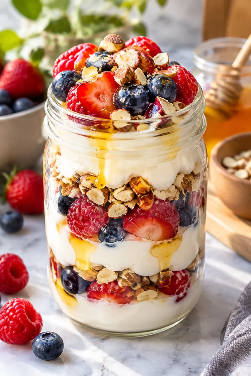 25 Easy Afternoon Snacks You Can Make in Minutes 1 A glass mason jar layered with Greek yogurt, mixed berries, honey drizzle and crushed almonds