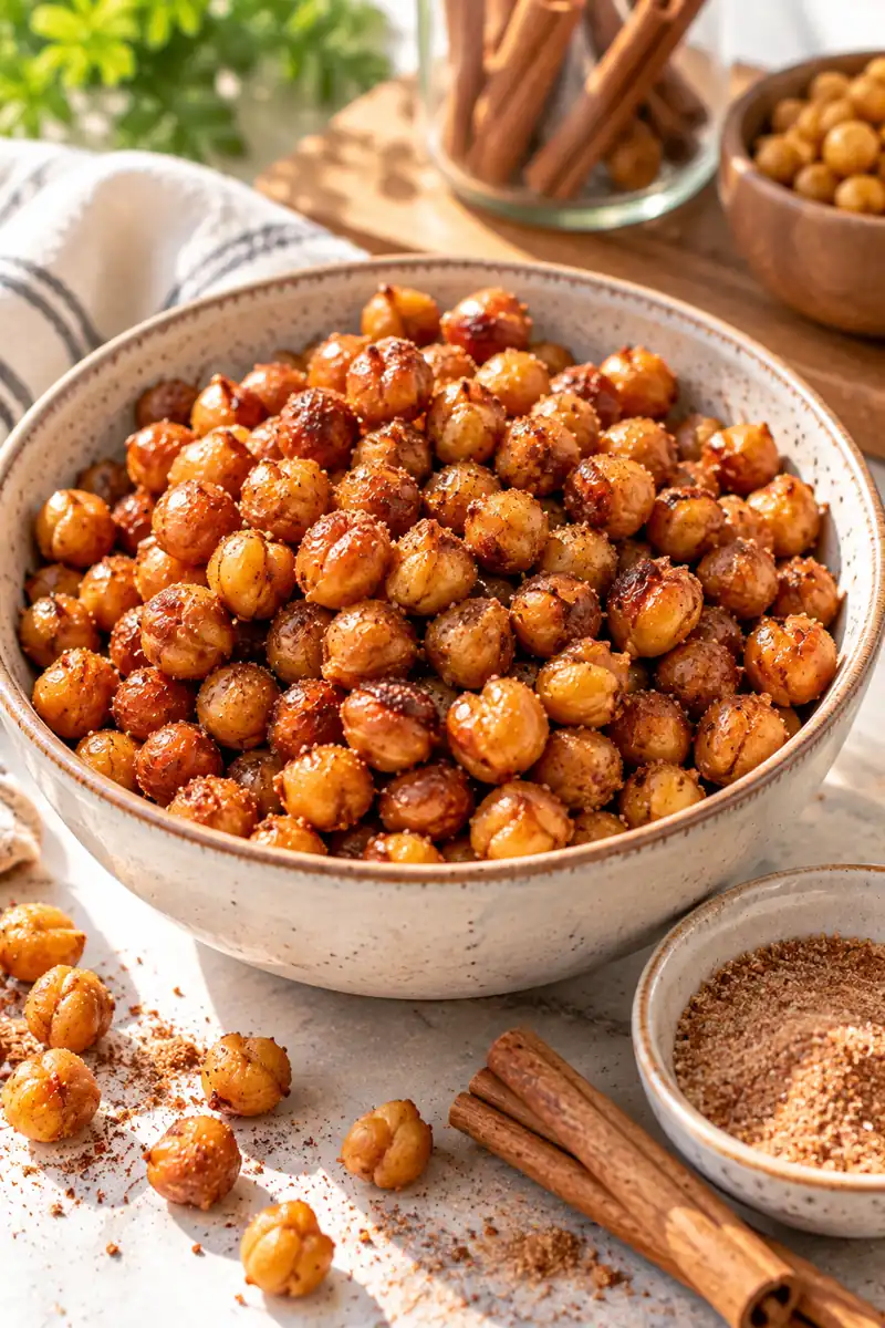 25 Easy Afternoon Snacks You Can Make in Minutes 10 A bowl of golden cinnamon roasted chickpeas with a small dish of cinnamon sugar beside it