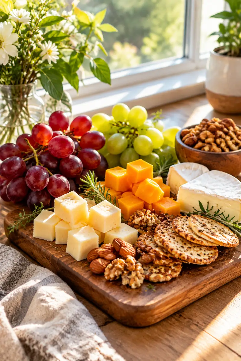 25 Easy Afternoon Snacks You Can Make in Minutes 2 A small wooden board with cheese cubes, crackers, grapes and nuts beside a sunny window
