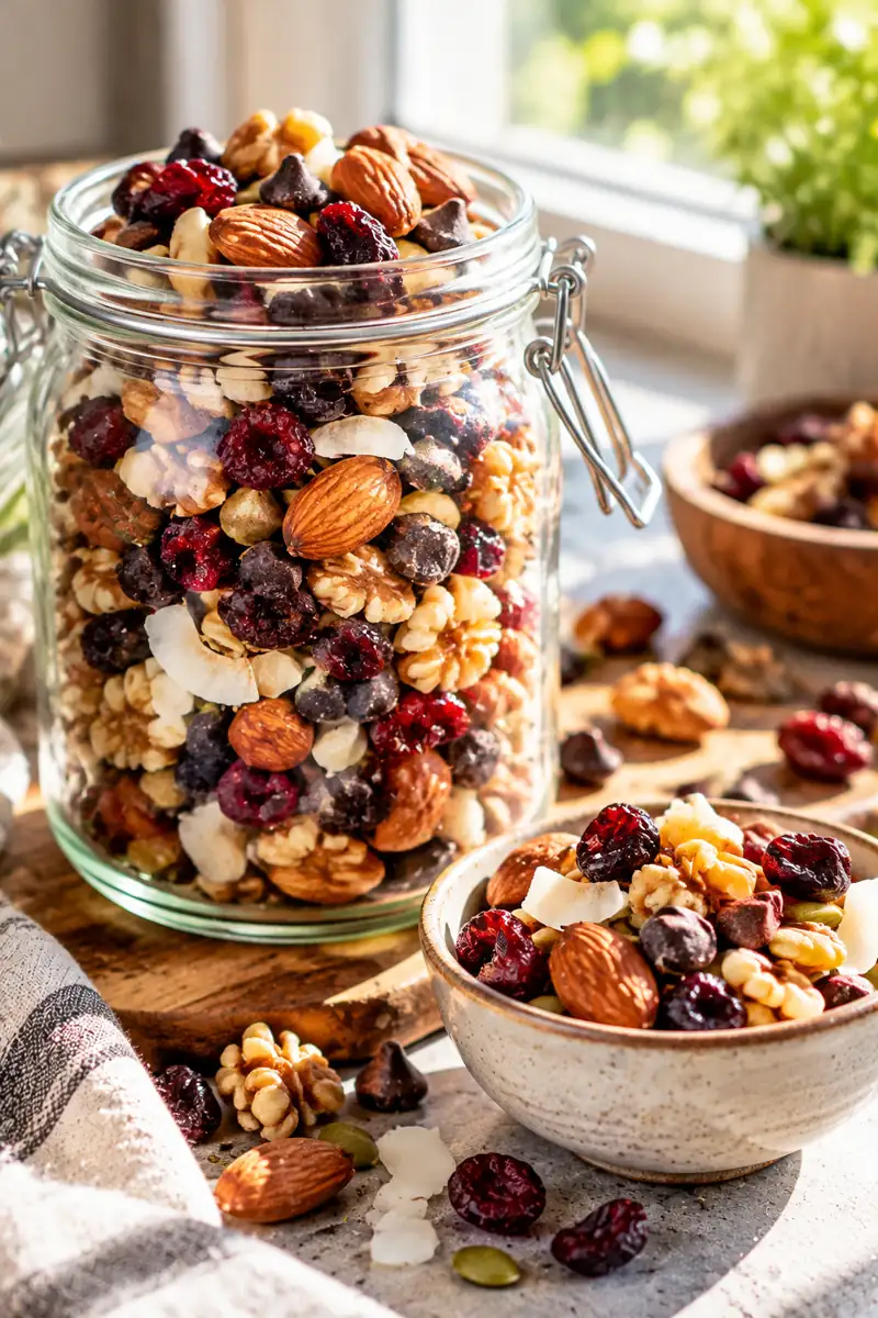 25 Easy Afternoon Snacks You Can Make in Minutes 3 A glass jar of homemade trail mix with almonds, cranberries and chocolate chips next to a small bowl