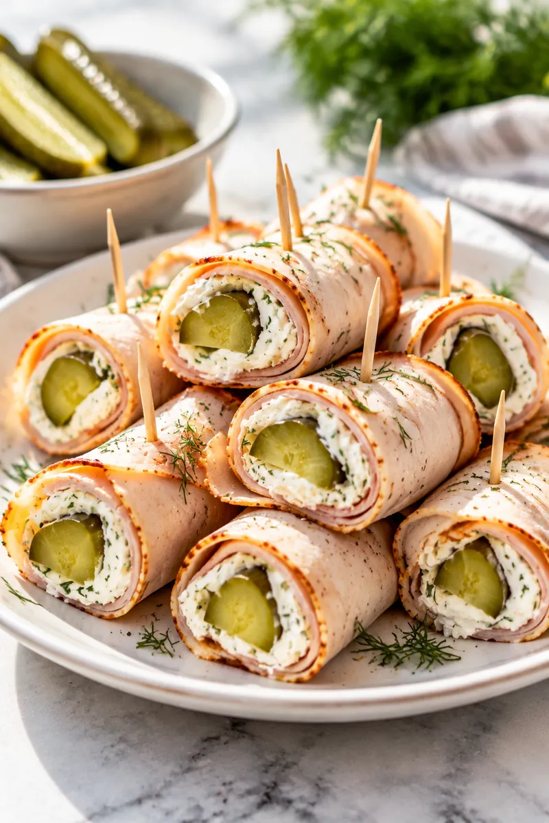 25 Easy Afternoon Snacks You Can Make in Minutes 4 Turkey slices rolled with cream cheese and pickle spears on a white plate with toothpicks