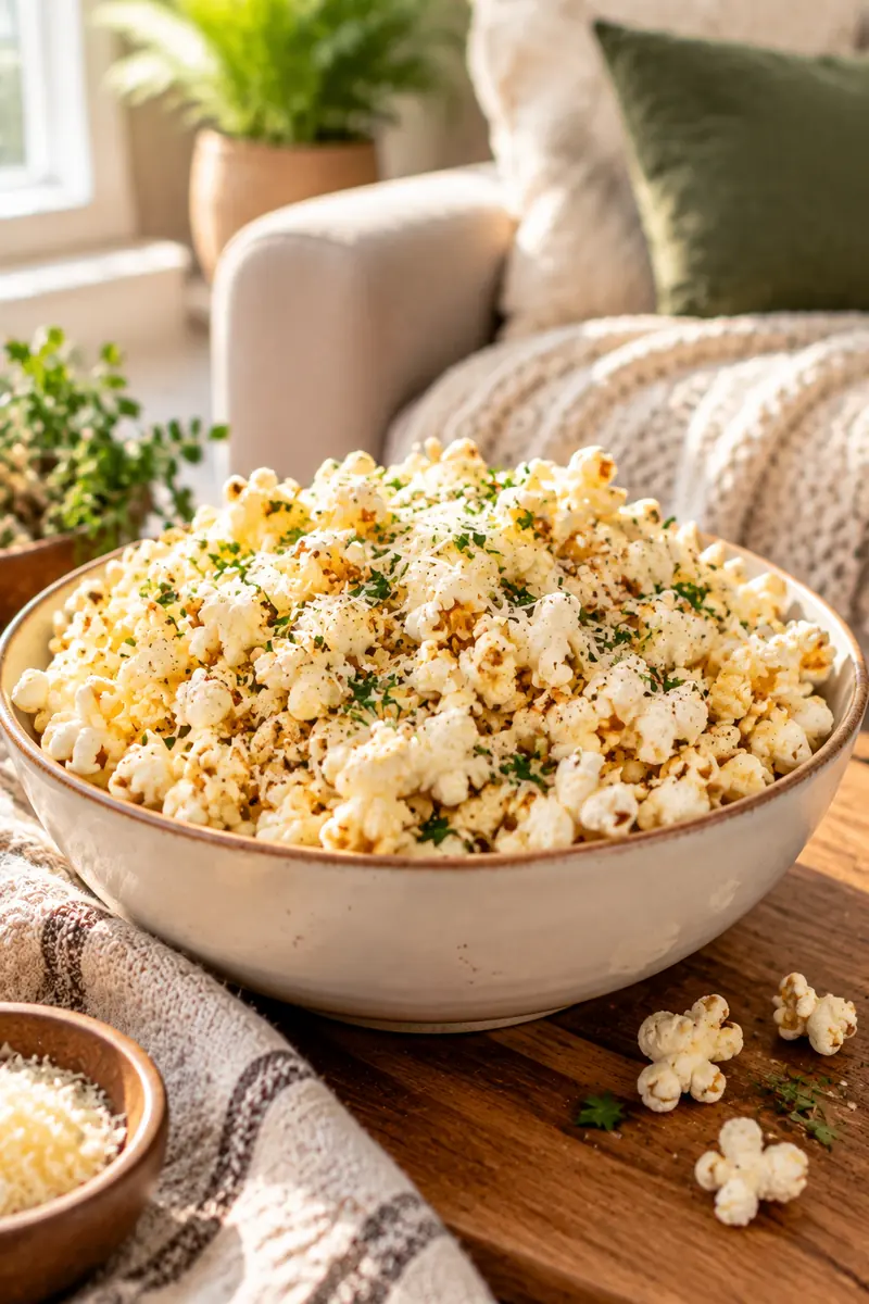 25 Easy Afternoon Snacks You Can Make in Minutes 5 A big bowl of popcorn tossed with parmesan and herbs on a couch-side table