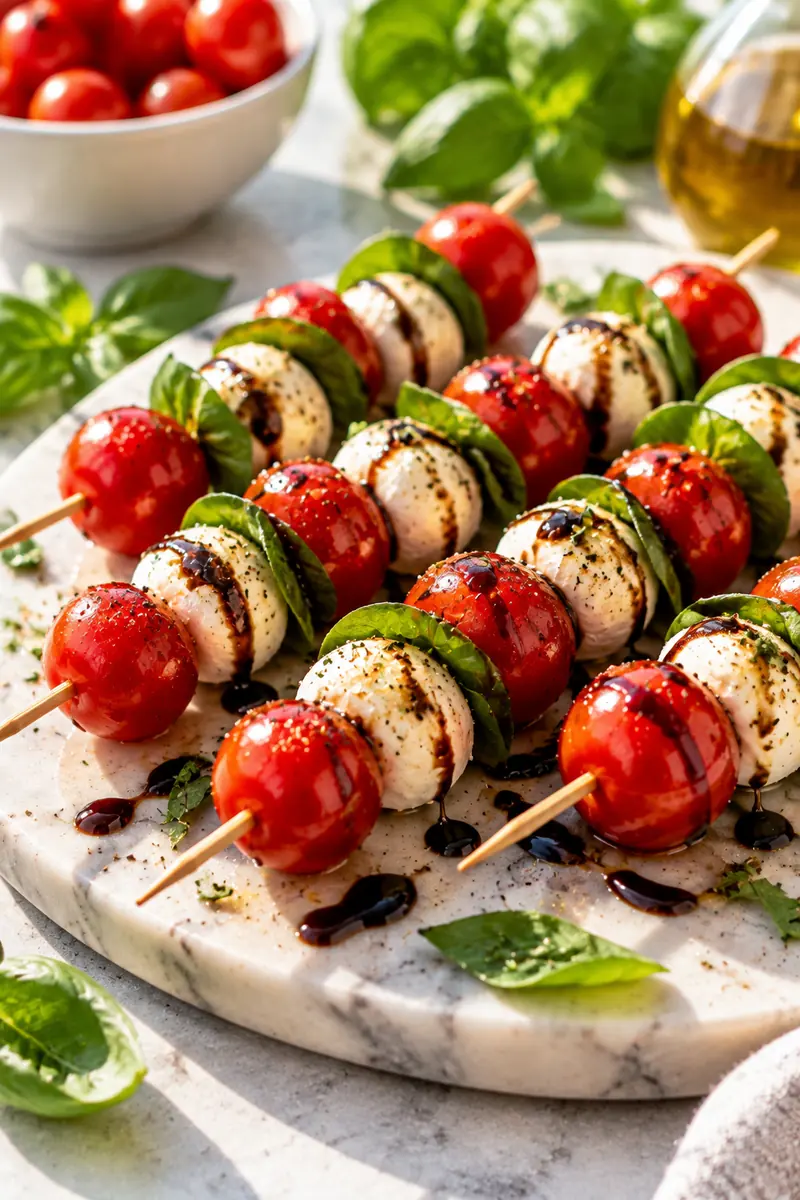 25 Easy Afternoon Snacks You Can Make in Minutes 6 Caprese skewers with cherry tomatoes, mozzarella balls and basil on a marble board with balsamic drizzle
