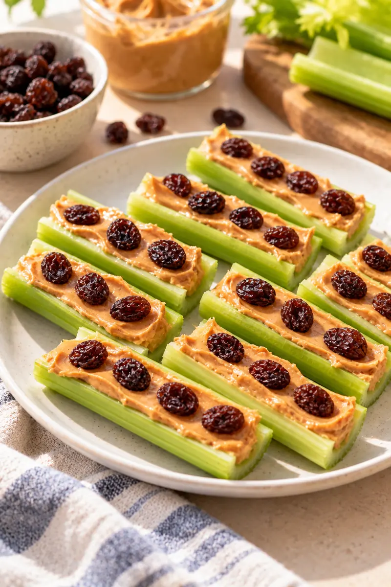 25 Easy Afternoon Snacks You Can Make in Minutes 7 Celery sticks filled with peanut butter and dotted with raisins on a kid-friendly plate