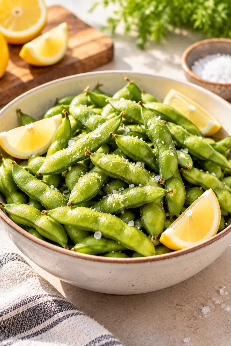25 Easy Afternoon Snacks You Can Make in Minutes 8 A bowl of steamed edamame pods tossed with flaky sea salt and lemon wedges