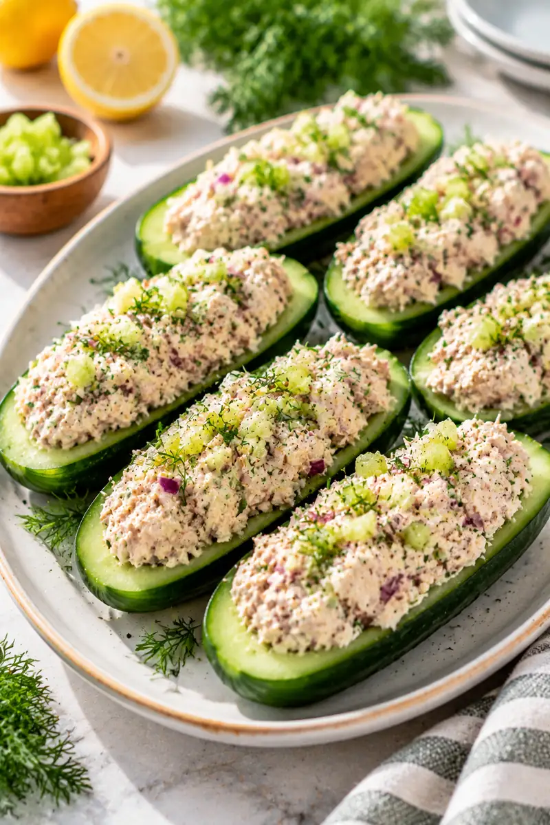 25 Easy Afternoon Snacks You Can Make in Minutes 9 Cucumber halves filled with tuna salad and topped with diced celery on a serving platter