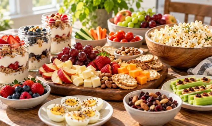 Easy Afternoon Snacks: An inviting spread of easy afternoon snacks (yogurt jars, cheese board An inviting spread of easy afternoon snacks (yogurt jars, cheese board, popcorn bowl, fruit) arranged on a kitchen table in bright natural light
