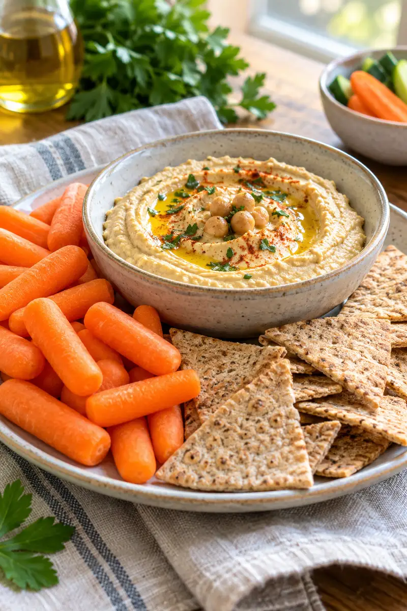 15 Energy-Boosting Snacks That Don't Require Cooking 2 Hummus with baby carrots and whole-grain pita chips