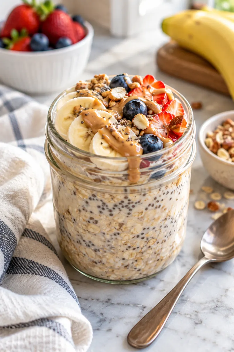 15 Energy-Boosting Snacks That Don't Require Cooking 3 Overnight oats jar with banana berries and peanut butter