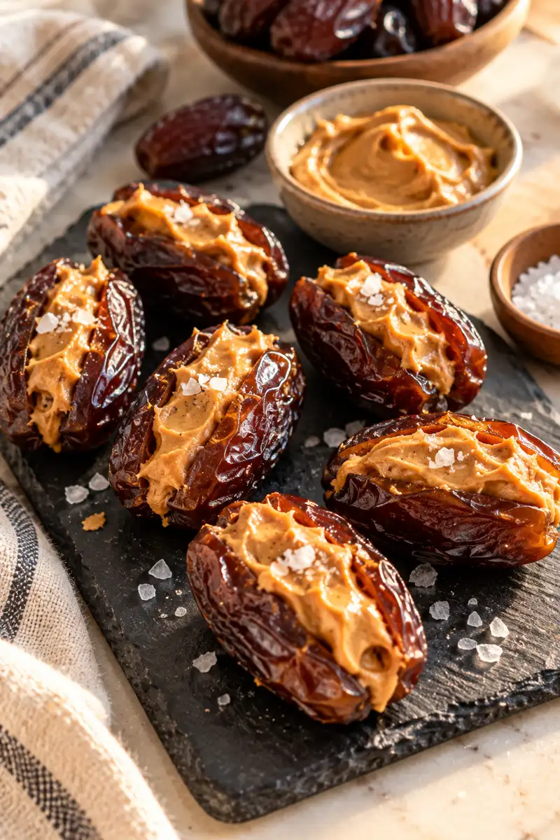 15 Energy-Boosting Snacks That Don't Require Cooking 4 Medjool dates stuffed with peanut butter and flaky salt