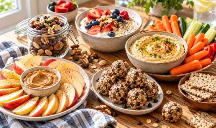 Energy-Boosting No-Cook Snack Spread On A Wooden Table Energy-boosting no-cook snack spread on a wooden table