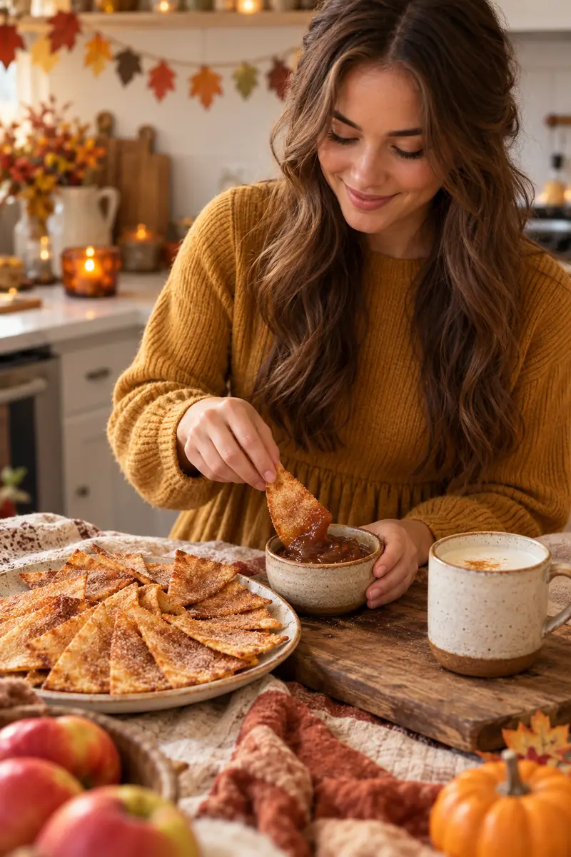 Cinnamon sugar tortilla crisps fanned on a plate with a small pot of apple butter and a mug of warm milk