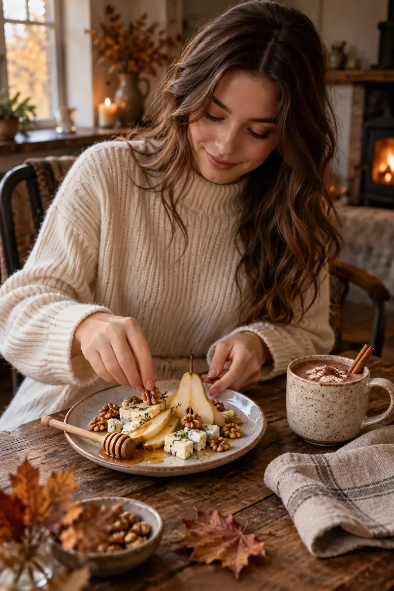 Woman in a long cream sweater dress arranging pear slices with walnuts and honey on a plate beside a mug of cocoa