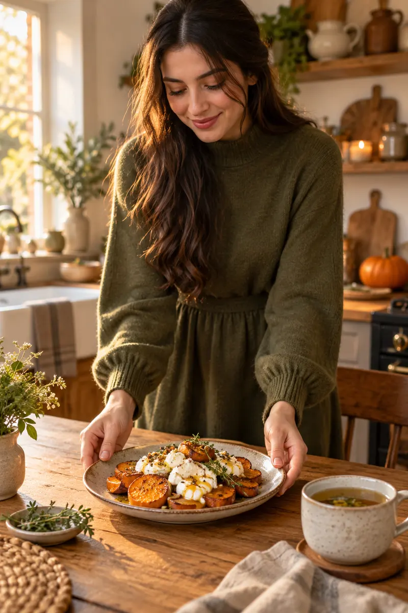 Roasted sweet potato rounds topped with whipped feta and thyme on a ceramic plate next to a cup of herbal tea