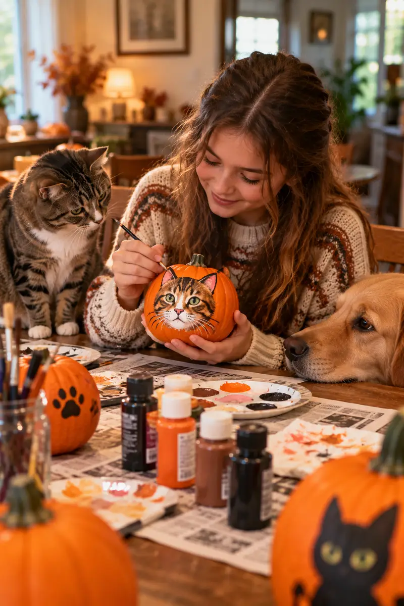 20 Family Pumpkin-Carving Ideas for a Fun Halloween Night 6 A girl in a cozy sweater and leggings painting whiskers on a small pumpkin portrait of her cat while the family dog watches nearby