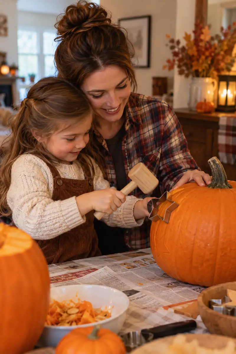 20 Family Pumpkin-Carving Ideas for a Fun Halloween Night 2 A mother in a flannel shirt guiding her daughter's hands as she taps a star-shaped cookie cutter into a pumpkin with a small mallet