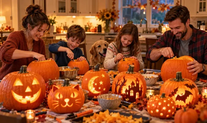 Family Pumpkin-Carving Ideas Featured Image Happy family carving pumpkins together at a large table in a warm kitchen with glowing jack-o-lanterns
