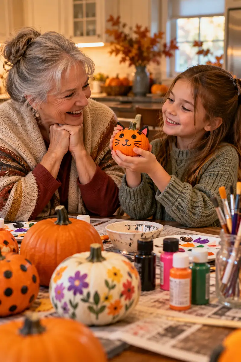 20 Family Pumpkin-Carving Ideas for a Fun Halloween Night 5 A grandmother in a warm shawl laughing as her granddaughter shows her a painted mini pumpkin at the kitchen table