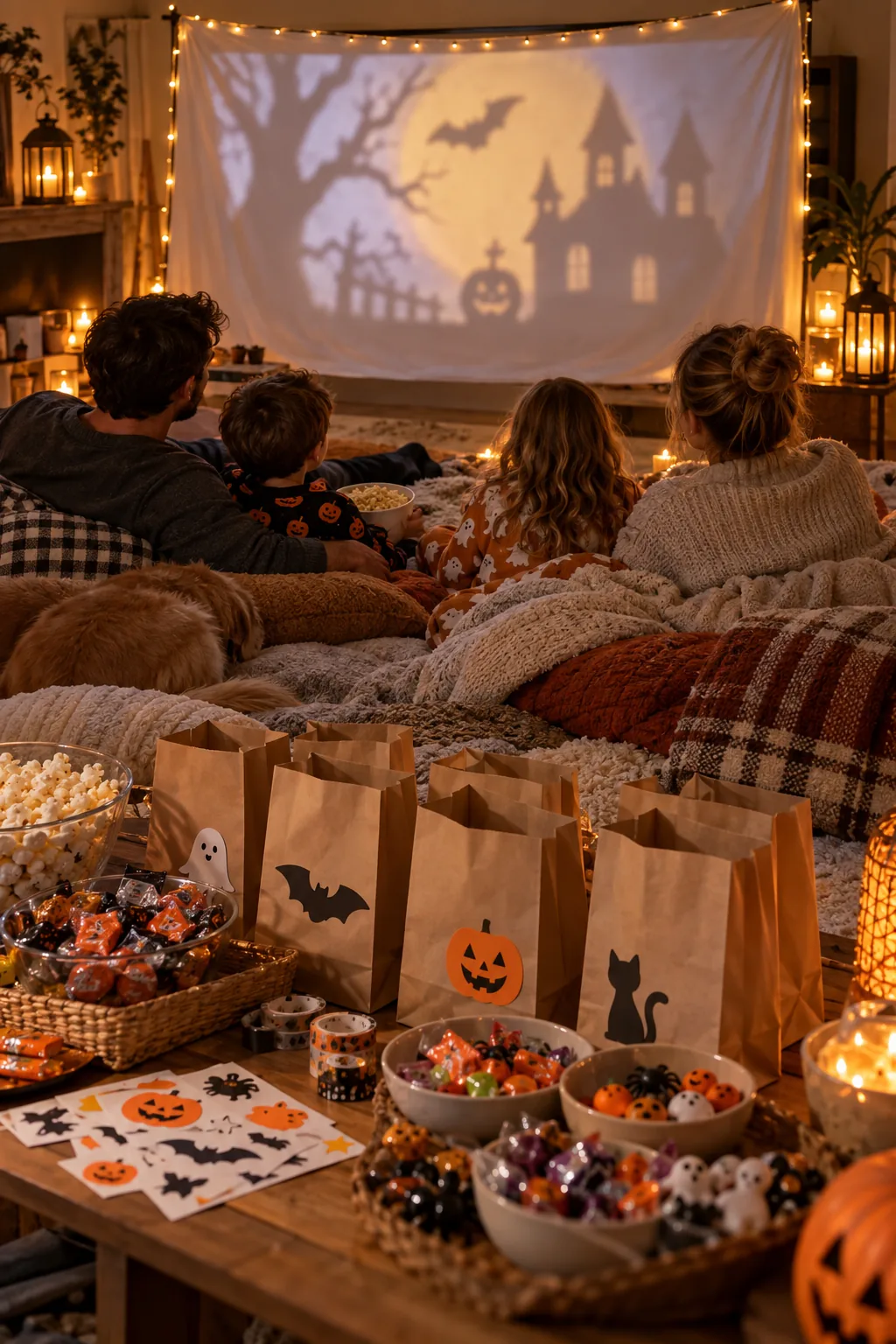 Family watching a Halloween movie projected onto a white sheet with popcorn, candy bowls, and treat bags in the foreground.