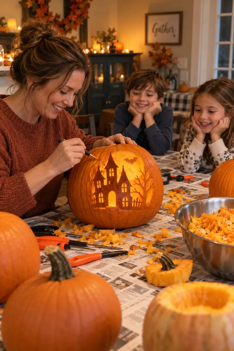 20 Family Pumpkin-Carving Ideas for a Fun Halloween Night 3 A woman in a long-sleeve sweater carefully carving a haunted house silhouette into a large pumpkin while her kids watch from across the table