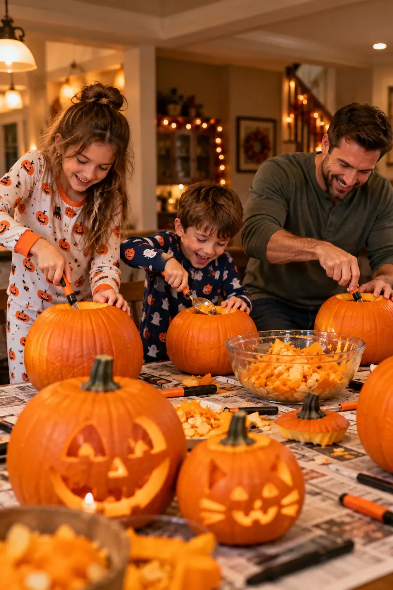 20 Family Pumpkin-Carving Ideas for a Fun Halloween Night 8 A girl in pajamas and her little brother racing their dad to carve pumpkins during a family relay carving game