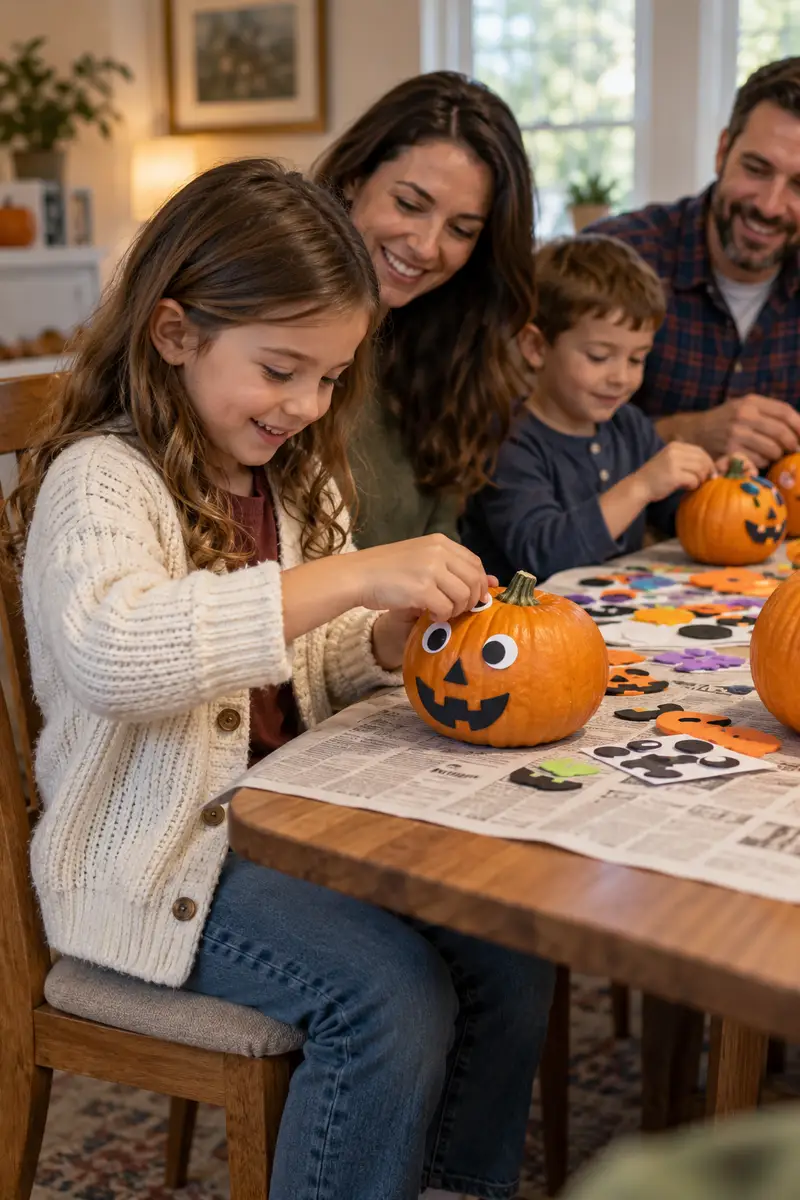 20 Family Pumpkin-Carving Ideas for a Fun Halloween Night 1 A young girl in a cozy cardigan and jeans sticking foam face stickers onto a small pumpkin at a family table covered with newspaper