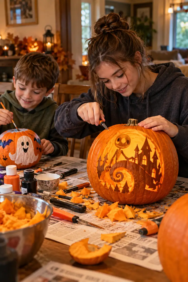 20 Family Pumpkin-Carving Ideas for a Fun Halloween Night 4 A teenage girl in a hoodie and jeans carving a detailed pumpkin character while her younger brother paints his own pumpkin beside her