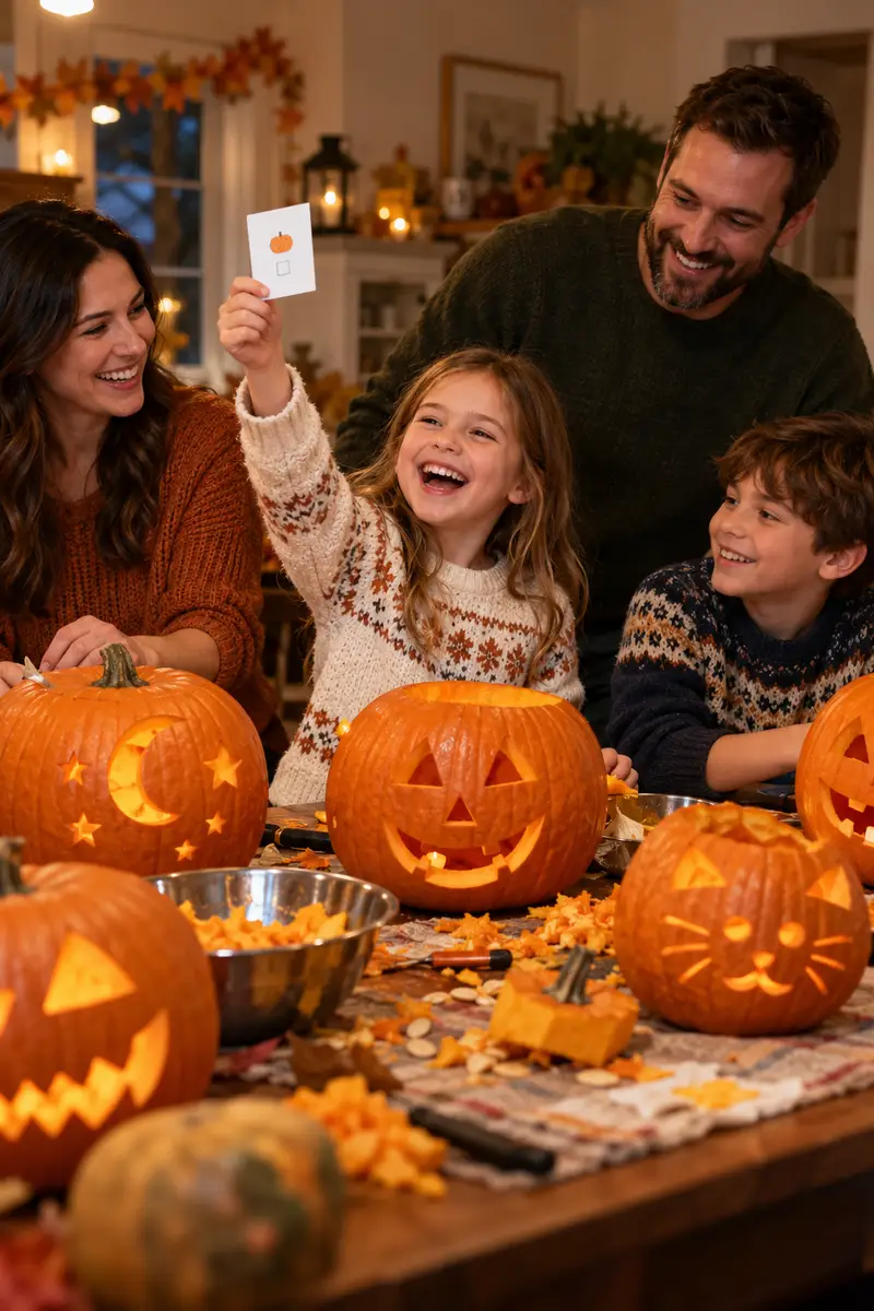 20 Family Pumpkin-Carving Ideas for a Fun Halloween Night 7 A young girl in a cozy sweater holding up a voting slip and laughing with her family around a table of finished carved pumpkins