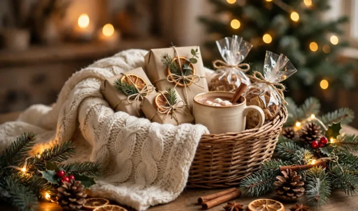 Christmas gift basket with wrapped parcels, a mug of hot chocolate, and a knitted blanket beside a lit Christmas tree.