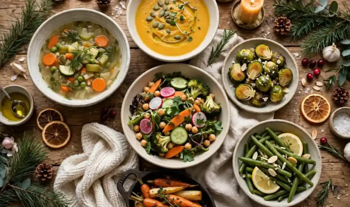 Winter table with lighter comfort food dishes Overhead view of a wooden winter table with bowls of vegetable soup, orange soup topped with seeds, salad with broccoli, chickpeas, radish and cucumber, roasted Brussels sprouts, green beans with lemon, and roasted carrots, with pine branches, pinecones and dried orange slices beside the bowls.