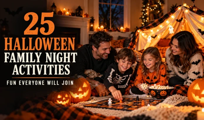 Family enjoying Halloween night activities together at home