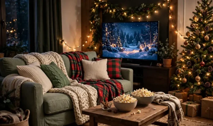 Christmas movie night living room with blankets, popcorn, and a decorated tree A living room ready for a Christmas movie night, with a couch covered in blankets and cushions, two bowls of popcorn on a coffee table, a television showing a snowy night scene, string lights, and a decorated Christmas tree beside wrapped gifts.