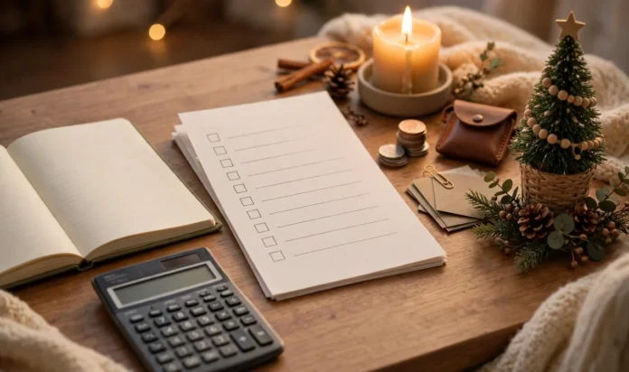 How to Make a Christmas Budget That Actually Works Wooden desk with an open notebook, a checklist sheet, a calculator, coins, a lit candle and a small decorated Christmas tree, for planning a Christmas budget.