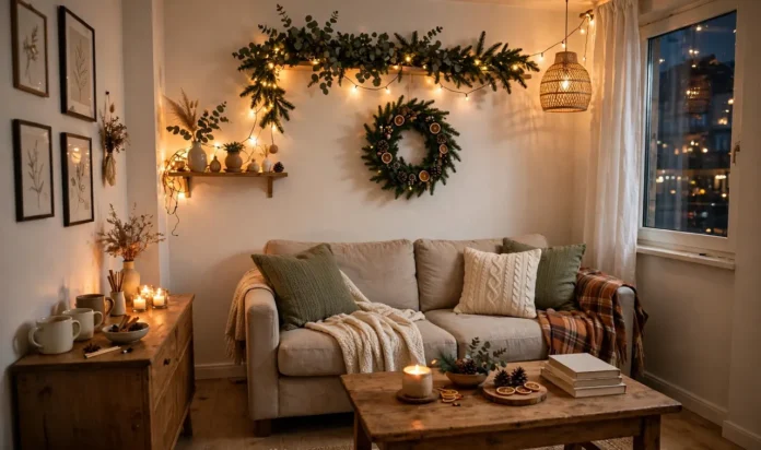 Small Apartment Living Room With Christmas Wall Decor Small apartment living room at Christmas with a wreath and lighted garland on the wall above a beige sofa, and no floor tree.