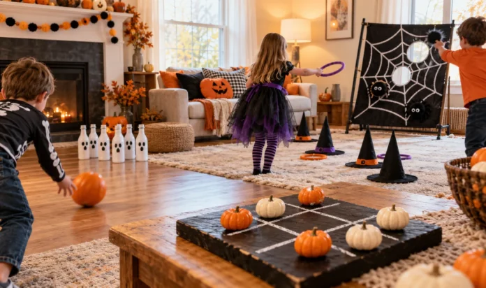 Halloween games for kids at home including pumpkin bowling and witch hat ring toss